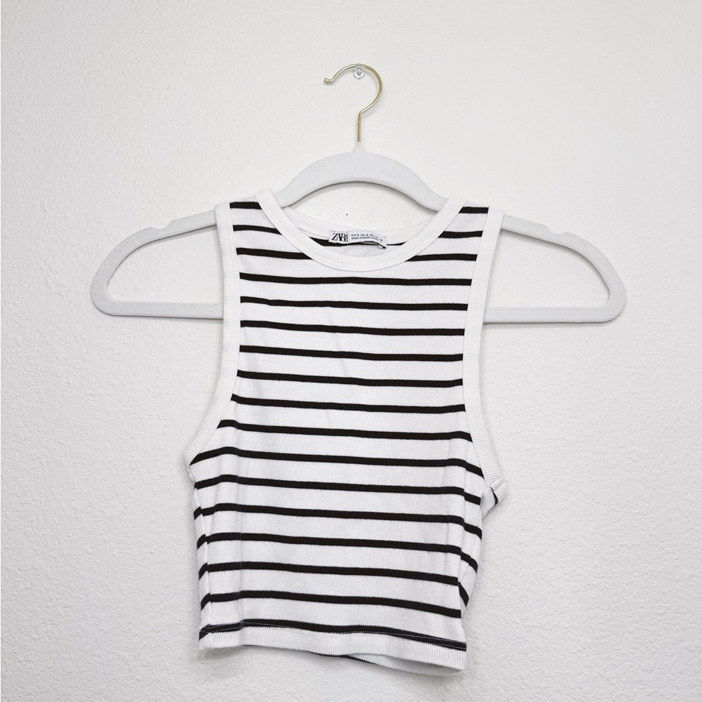 Zara White and navy stripped Fitted Crop Tank Top
